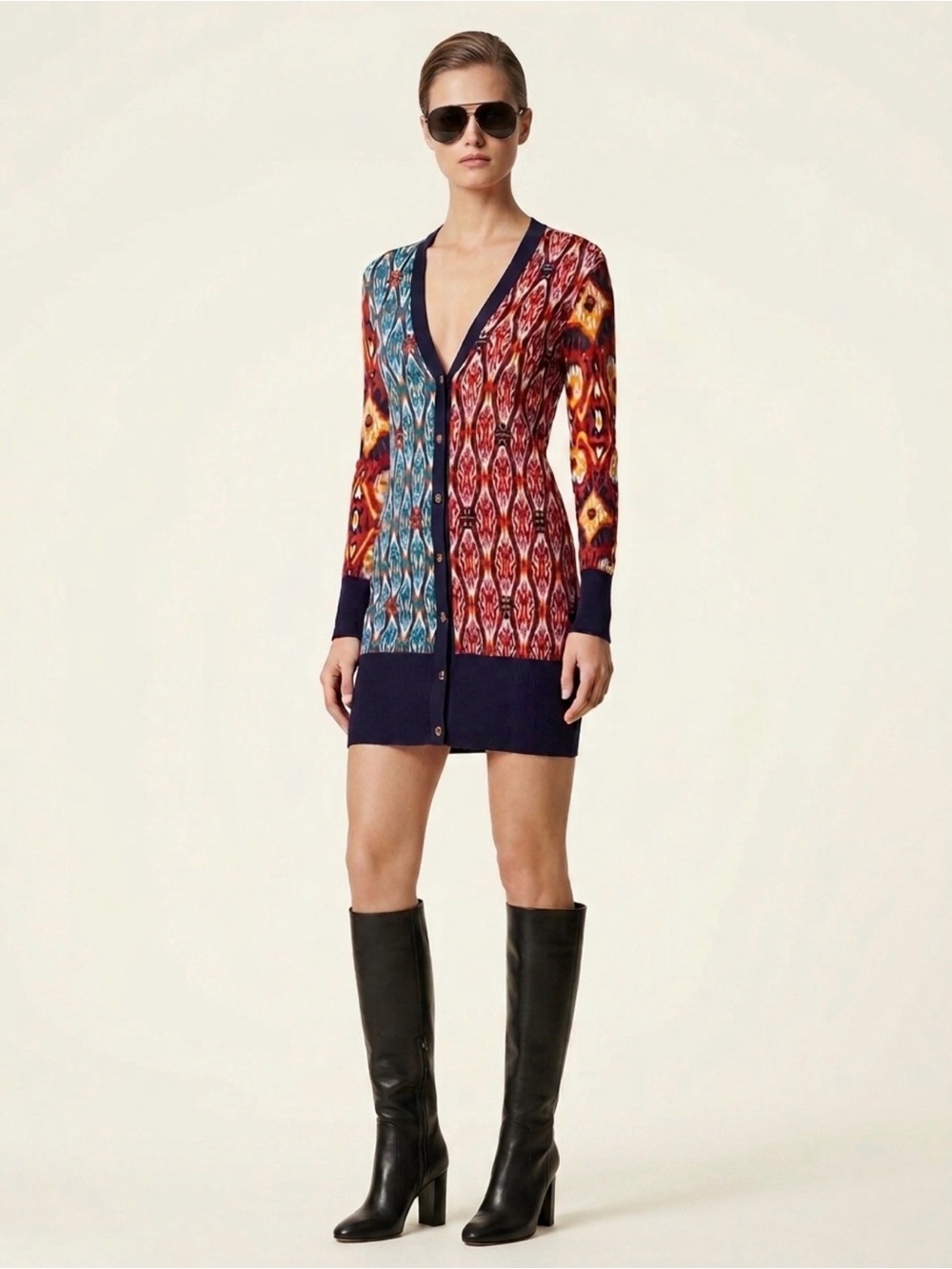 Tory Burch Ikat Floral Merino Wool Long Cardigan Gold Logo Buttons Quiet Luxury